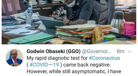 Edo state governor, Godwin Obaseki tests negative for Coronavirus but still remains in self-isolation.